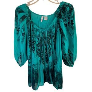 Sami + Jo Y2K gauzy semi-sheer pullover pleated blouse, green/black, size XL